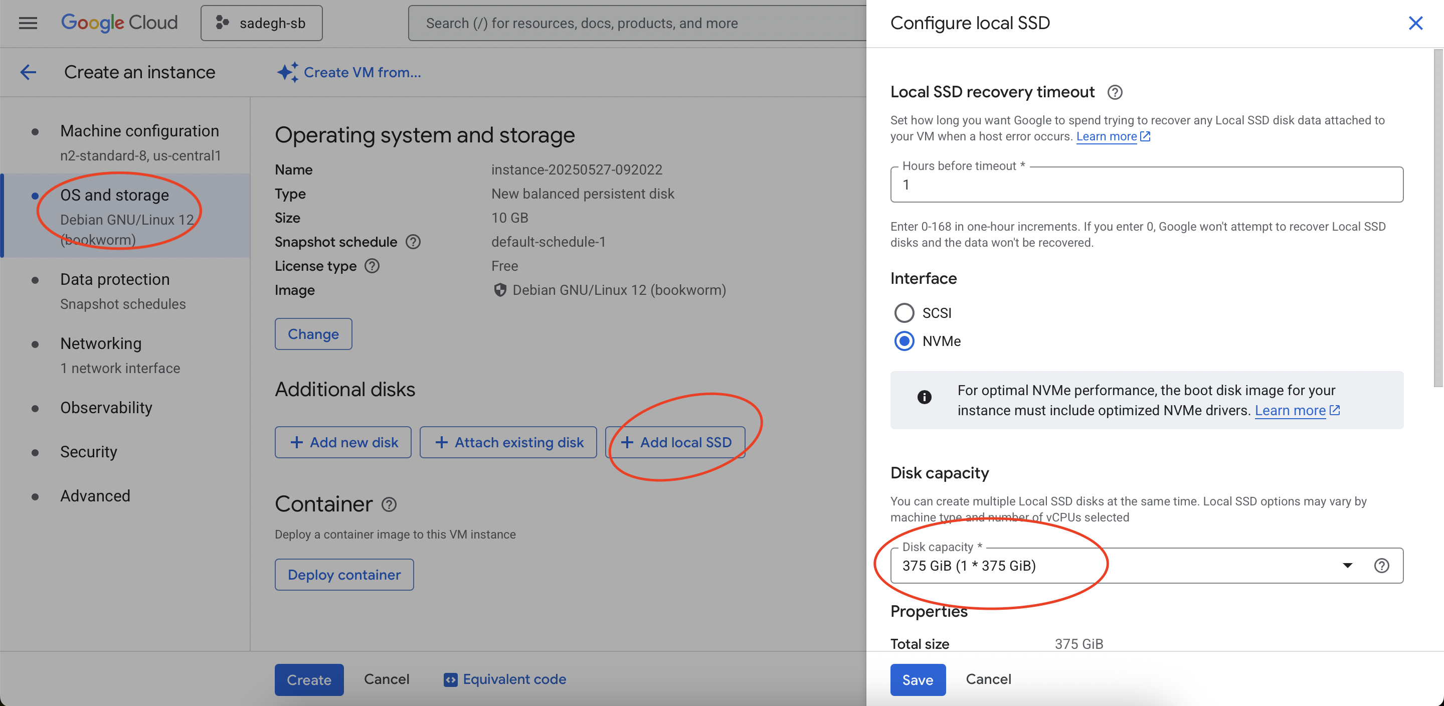 Google Compute Engine wizard screenshot for adding additional local SSDs to a virtual machine